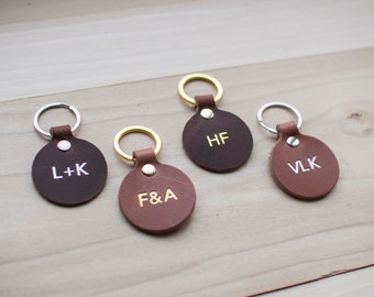 Metallic Letters Personalized Round Leather Keychain, Fob, Gift, Anniversary, Multiple Colors,