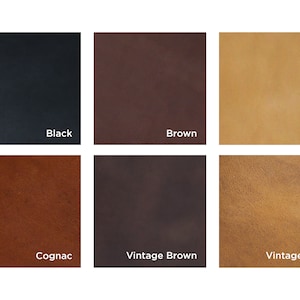 K&ouml;nnte beinhalten: Eine Farbpalette mit sechs Lederquadraten in verschiedenen Farbt&ouml;nen. Die Farben sind Schwarz, Braun, Hellbraun, Cognac, Vintage-Braun und Vintage-Hellbraun. Der Name jeder Farbe ist in wei&szlig;er Schrift dargestellt.