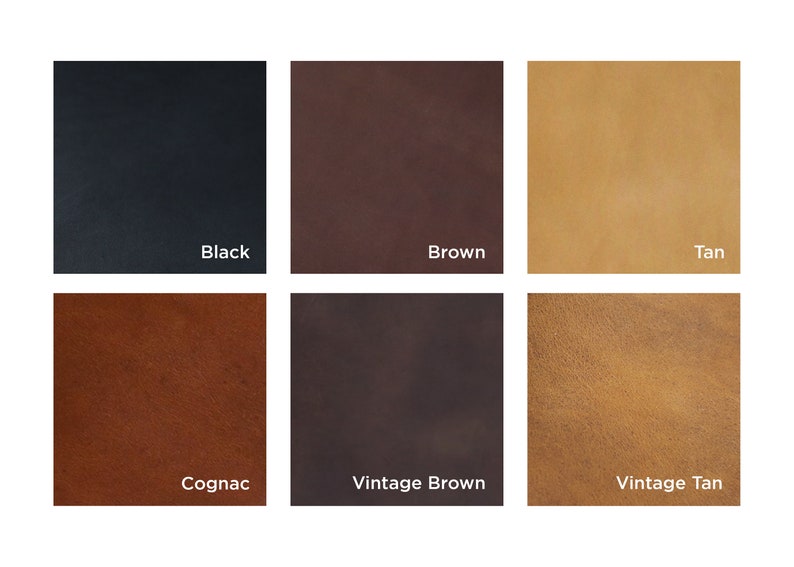 K&ouml;nnte beinhalten: Eine Farbpalette mit sechs Lederquadraten in verschiedenen Farbt&ouml;nen. Die Farben sind Schwarz, Braun, Hellbraun, Cognac, Vintage-Braun und Vintage-Hellbraun. Der Name jeder Farbe ist in wei&szlig;er Schrift dargestellt.