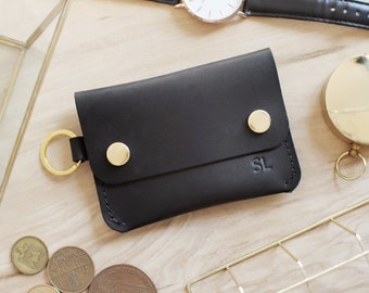 Personalized Minimalist Leather Card Wallet, Coin Pouch, Holder, Key Chain