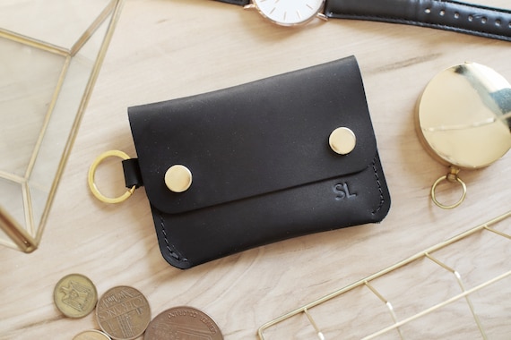 Personalized Minimalist Leather Card Wallet, Coin Pouch, Holder, Key Chain