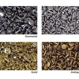 May include: A close-up image of four piles of metal rivets in different finishes: gunmetal, silver, gold, and antique brass.