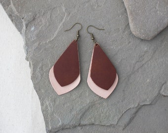 Leather Earrings: Layered Drop Leaf Style, Boho, Handmade, Multiple Colors