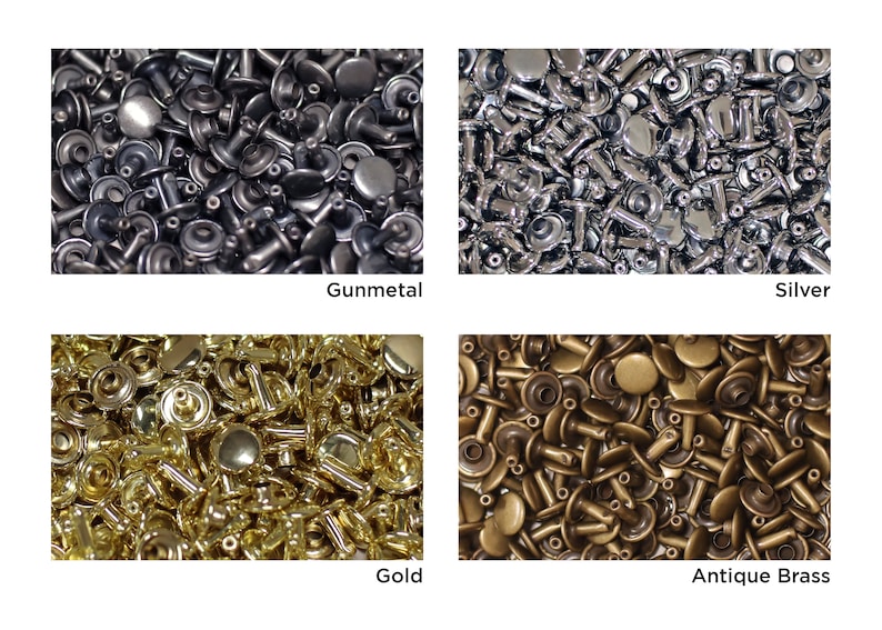 May include: A close-up image of four piles of metal rivets in different finishes: gunmetal, silver, gold, and antique brass.