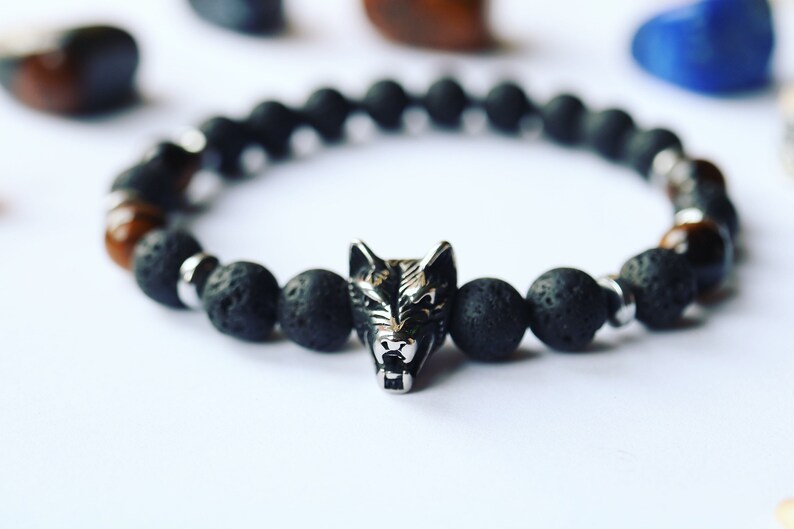 Solid Stainless Steel Wolf Bracelet Power and Focus Beads ~ Volcanic Lava Tiger/'s Eye Gemstone Hematite Beautiful Unique Men Women
