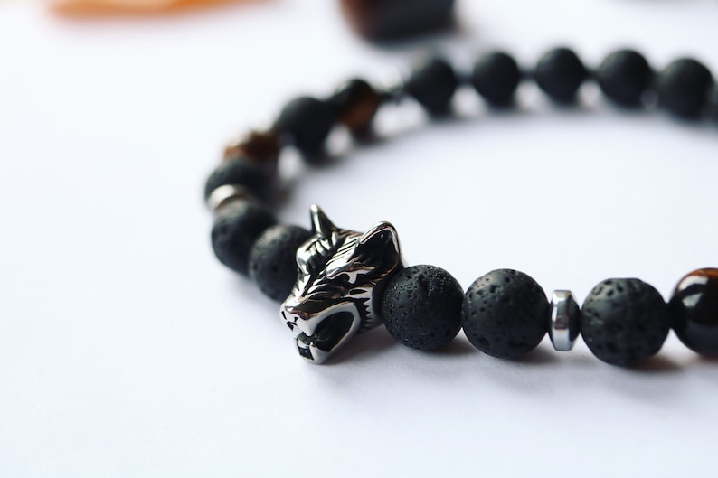 Solid Stainless Steel Wolf Bracelet Power and Focus Beads ~ Volcanic Lava Tiger/'s Eye Gemstone Hematite Beautiful Unique Men Women