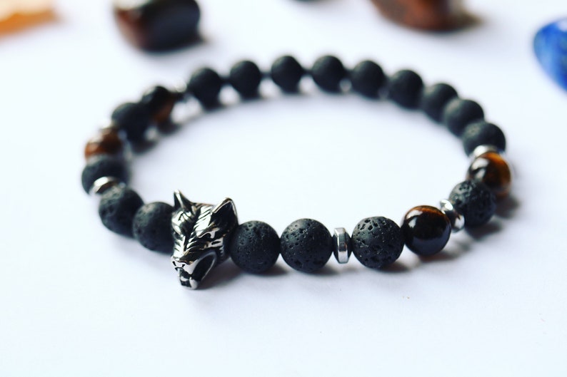 Solid Stainless Steel Wolf Bracelet Power and Focus Beads ~ Volcanic Lava Tiger/'s Eye Gemstone Hematite Beautiful Unique Men Women