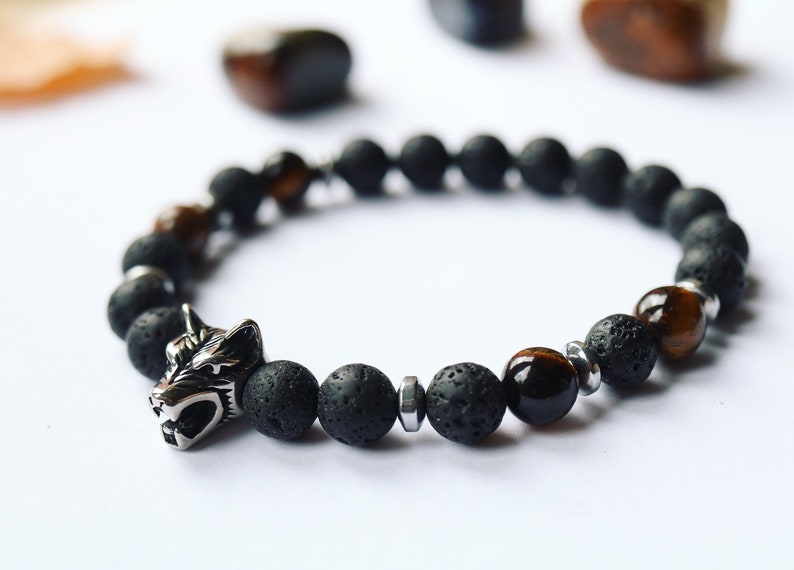 Solid Stainless Steel Wolf Bracelet Power and Focus Beads ~ Volcanic Lava Tiger/'s Eye Gemstone Hematite Beautiful Unique Men Women