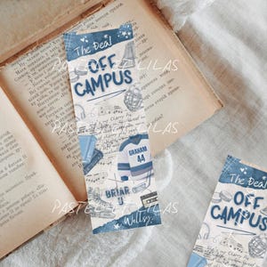 May include: A rectangular paper bookmark featuring a blue and white collage design with the text The Deal OFF CAMPUS, GRAHAM 44, and BRIAR 9. The graphic includes illustrations of a hockey jersey, a hockey stick, a cassette tape, and musical notes.