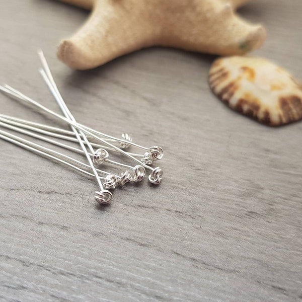 24g (0.5mm) Sterling Silver Knotted Head Pins | Fancy Headpins | 10 Pieces | Jewellery  Components