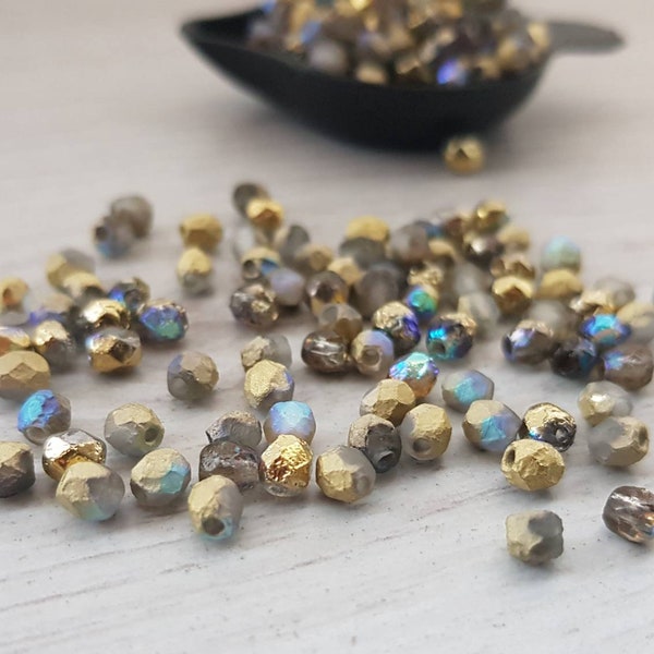4mm Golden Rainbow Crystal Etched | Czech Glass Firepolish Beads | Metallic Beads