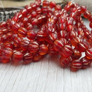 6mm Ladybug Red and Orange With a Copper Wash | Large Hole Melon Beads | Full Strand of 25 Beads