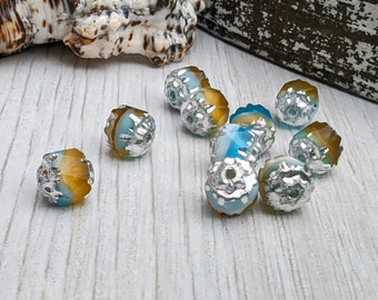 6mm Sky Blue, Yellow and White with a Silver Finish | Cathedral Beads | 10 Beads