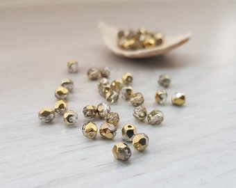 4mm Crystal Gold | Czech Glass Fire Polish Beads | Metallic Beads | 50 Pcs