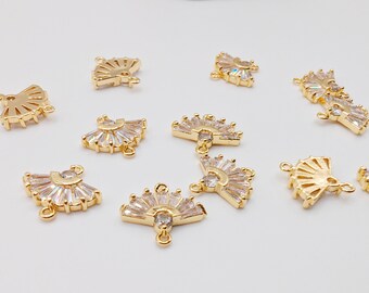 2 x CZ Fan Connectors With 18K Gold Plated Brass Framing | Art Deco | 14 x 14mm