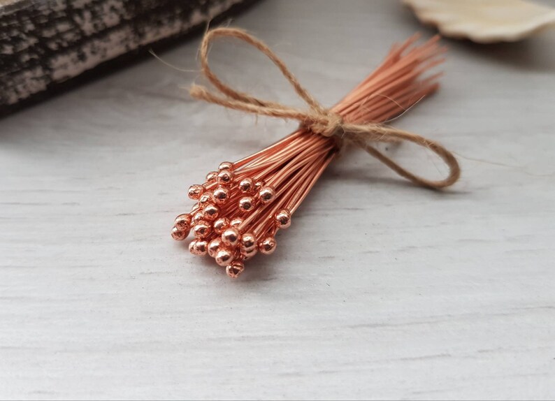 May include: A bunch of copper wire head pins with round heads, tied together with twine.