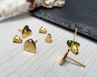 8mm Gold Plated Stainless Steel Flat Heart Stud Blanks | 2 Pairs