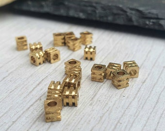 3.2 x 3mm Raw Brass Striped Cube Beads | Square Brass Beads | 20 Pcs