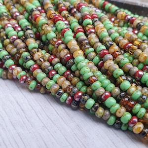 May include: A close-up of a strand of multi-coloured seed beads. The beads are small and round, and they are arranged in a random pattern. The colours of the beads include green, brown, red, and white.