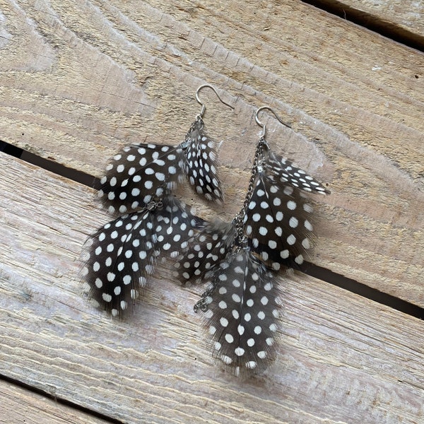 Feather earrings | Long guinea fowl feather earrings | Small gifts | Everyday earrings | Occasion jewellery | Boho gifts