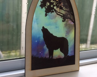 WOLF SPIRIT ANIMAL TOTEM Howling WOLF and MOON Stained Glass Look SUNCATCHER