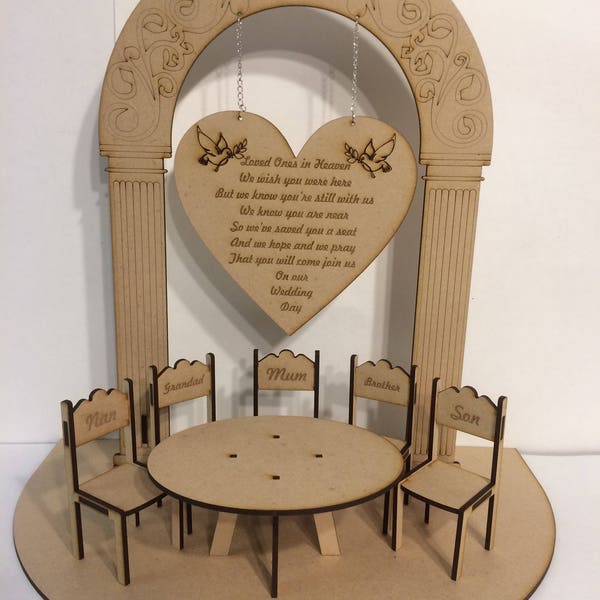 Loved Ones in Heaven Wedding Memory Table 3D Centrepiece with Hanging Sign & Personalised Chairs Centre Piece