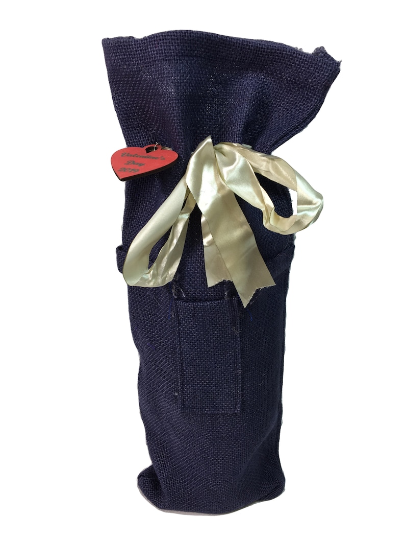 Valentine/'s Day 2019 Deluxe Valentines WineBottle Bag in Purple Jute With Wooden Gift Tag and Optional Red Rose