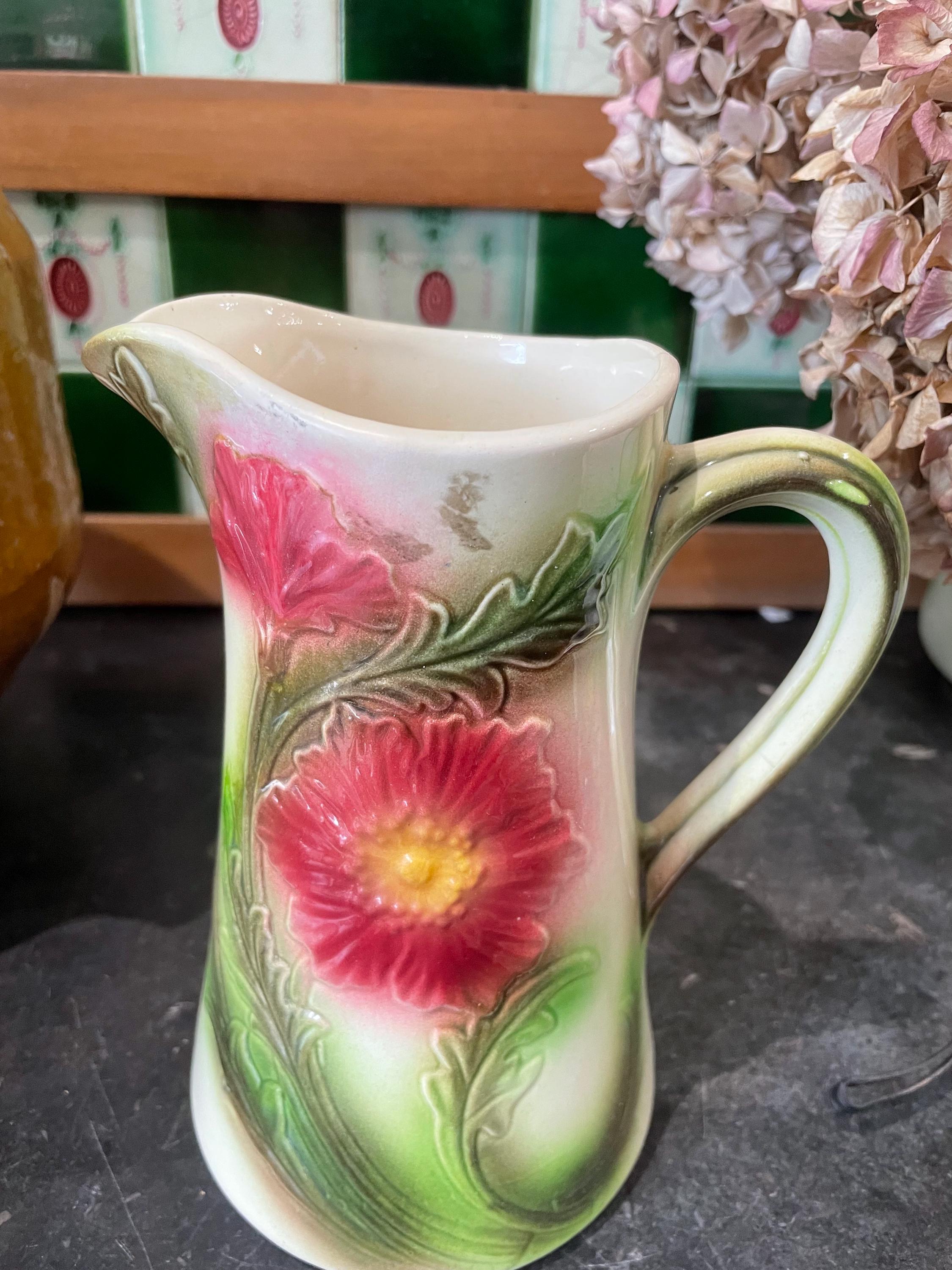 Antique French Barbotine Jug – Saint Clement Floral Majolica
