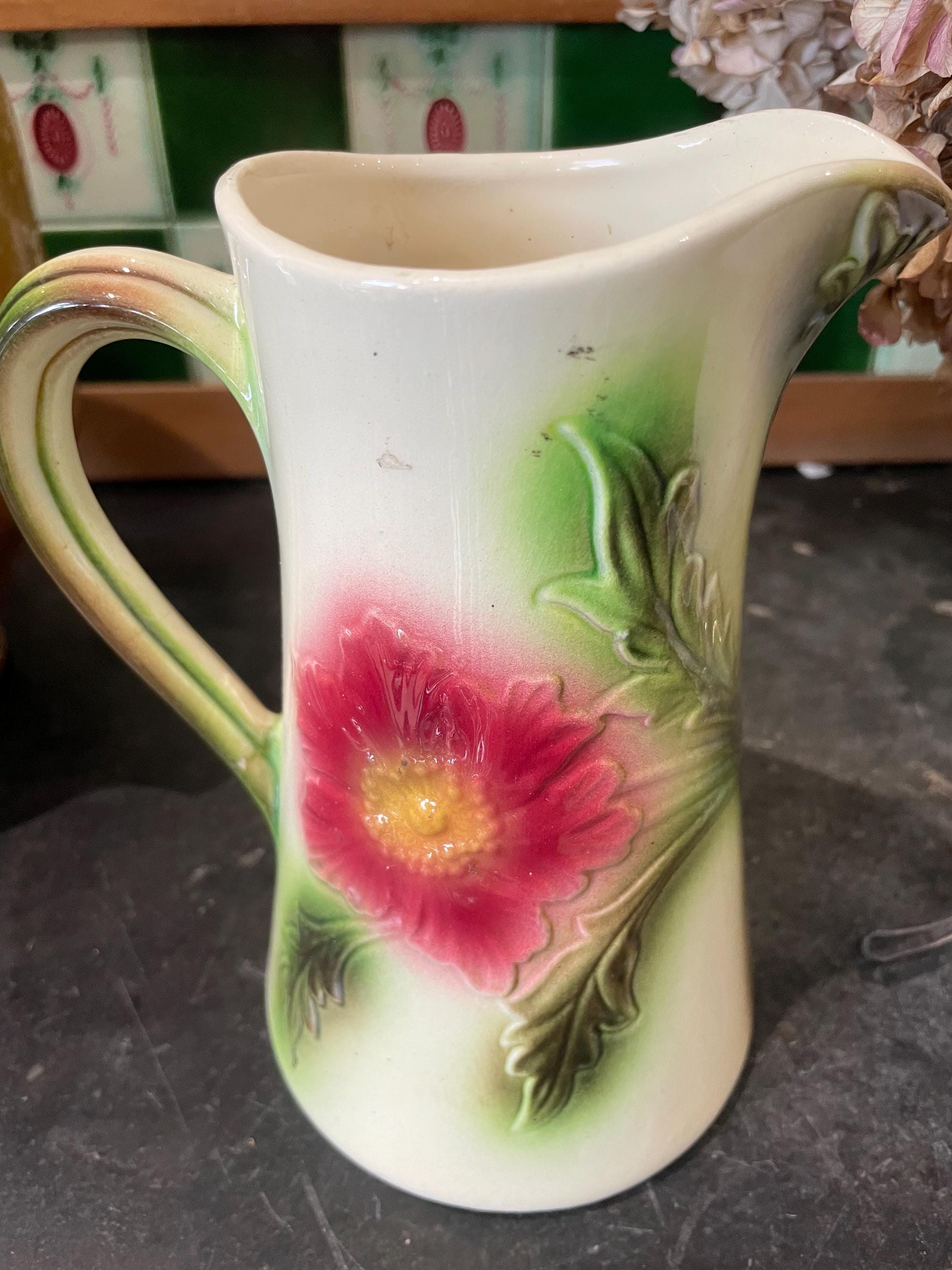 Antique French Barbotine Jug – Saint Clement Floral Majolica