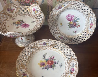 Royal Copenhagen Porcelain Dessert Set: Six Plates, Comport, Hand-Painted Floral, Gilt Decoration