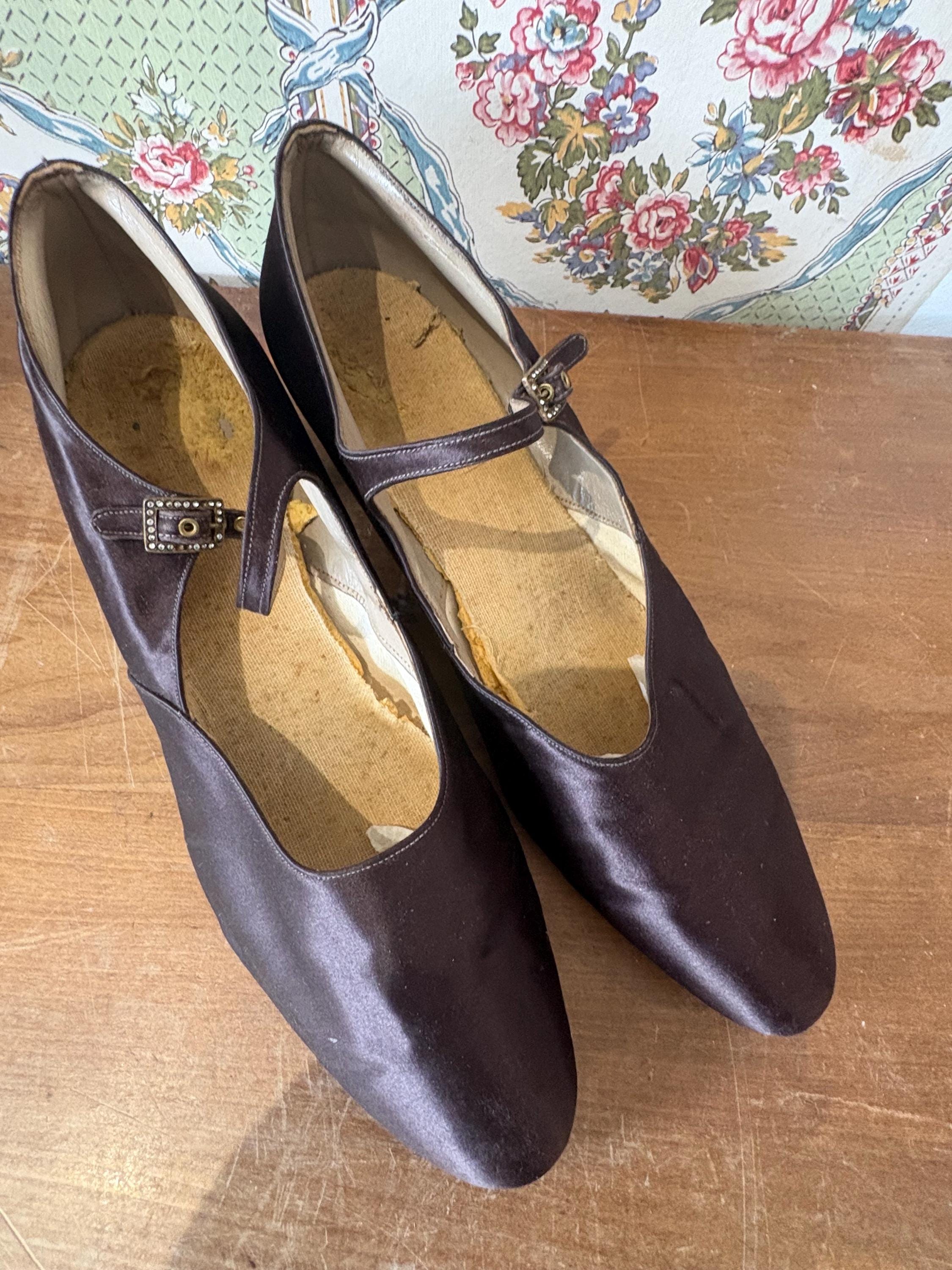 brown satin dress shoes Antique Chocolate Brown Satin Mary Jane Shoes 1920s 1930s Evening Shoes  Paste Buckle Shoes Art Deco Heels Size 6