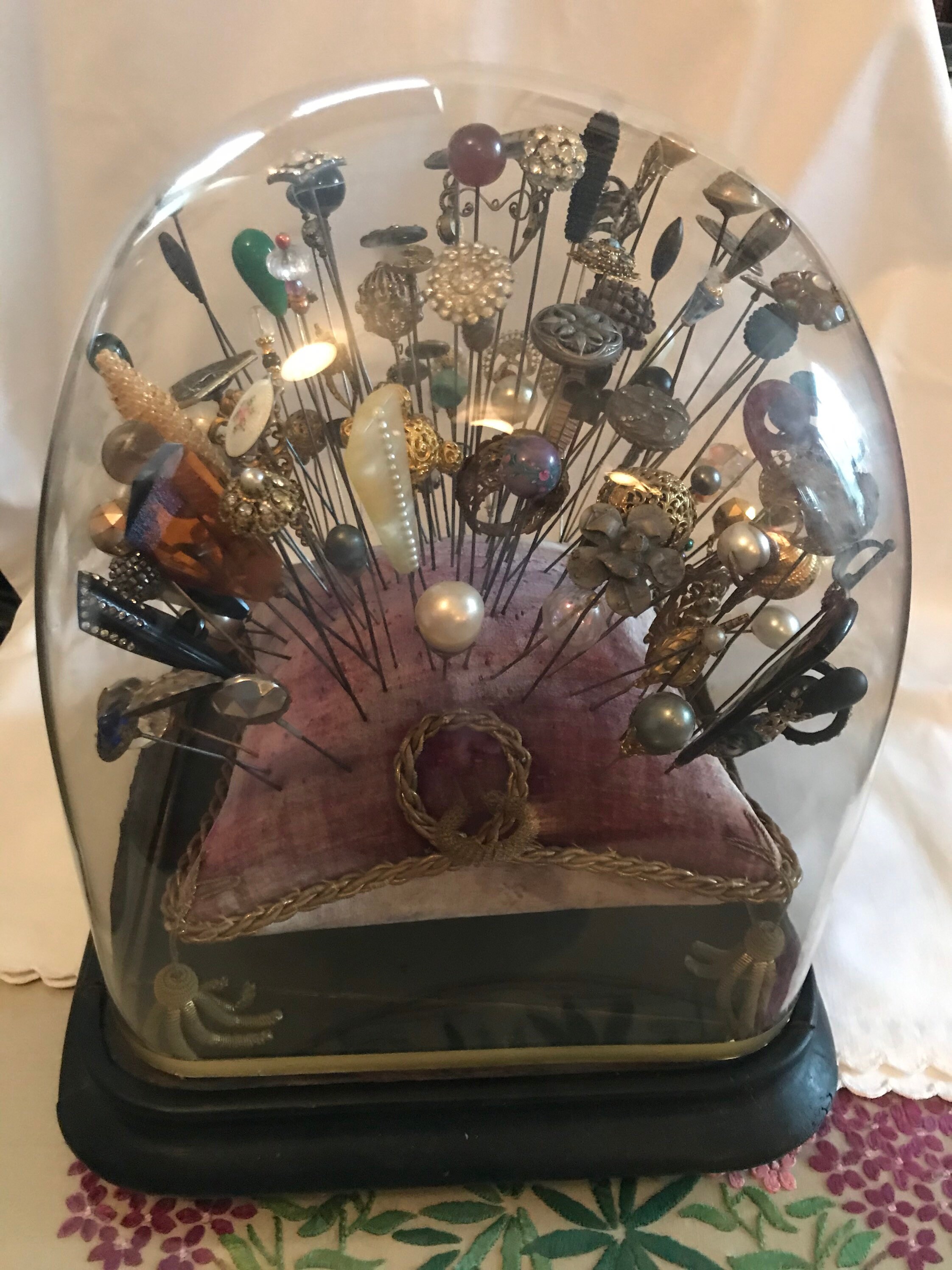 Image of Magnificent Collection Of 100 19C Hatpins On A Velvet Cushion Under Fabulous Square Based Dome - 1800S