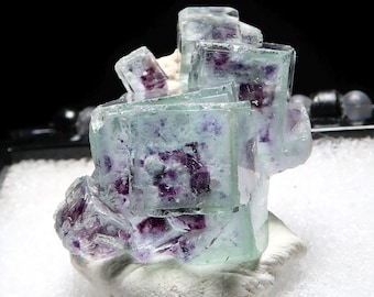 Blue Fluorite Cubic Formation with Purple Phantom / Thumbnail specimen in perky box from Yindu Mine, Inner Mongolia, China