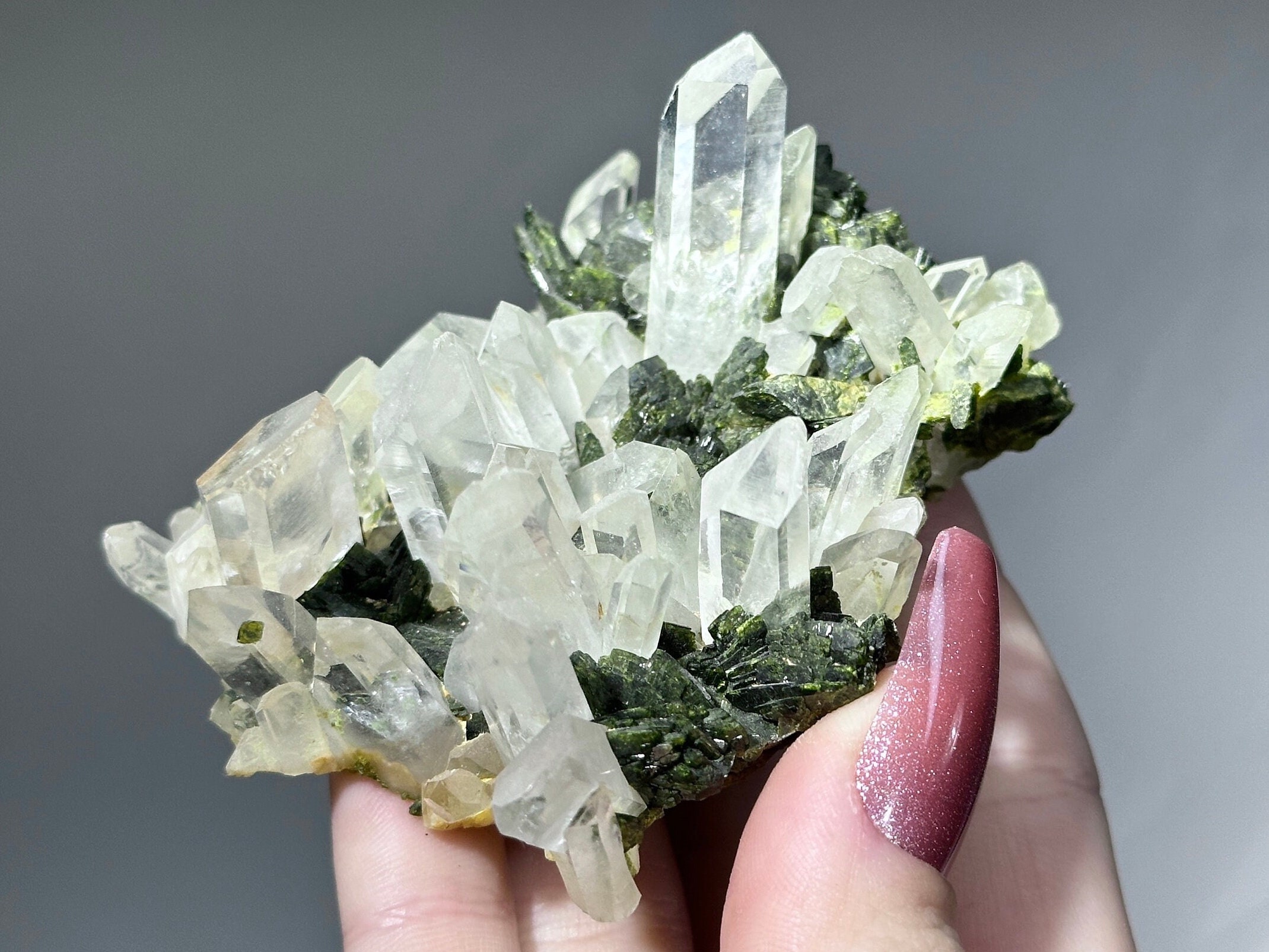 Clear Quartz With Epidote Cluster From Meigu County, Sichuan
