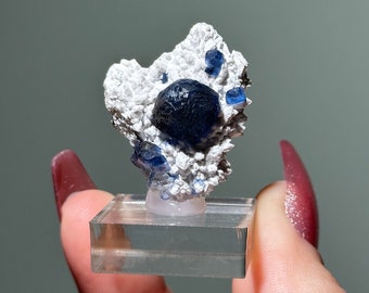 Blueberry Fluorite on Candle Quartz from Huanggangliang Mine, Inner Mongolia, China / Raw Mineral Specimen Geode Rock