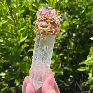 Raw Amethyst and Clear Quartz Deer Crystal Wand / Crystal Healing / Crystal Energy Wands Witch Wand / Cosplay Custom Wands Magic Wand