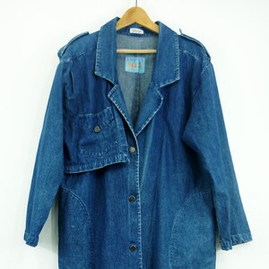 Vintage trenchcoat van denim uit de jaren 80 van Félino | Lange oversized blauwe denimjas | Maat 44/46