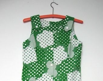 Grün-weißes Sommerkleid aus Baumwolle - gepunkteter Wolkendruck - Größe 36/38 - Vintage 70er
