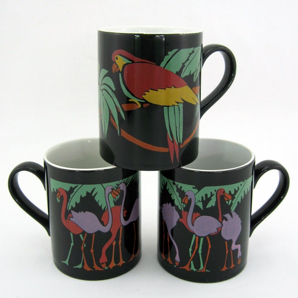 3 mugs en céramique noire - décor oiseaux exotiques - Kiln Craft Staffordshire - Made in England - vintage années 80