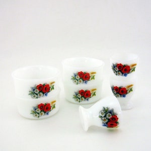 3 egg cups + 4 ramekins in opal and tempered glass - country flower decor - Arcopal France - vintage 60s