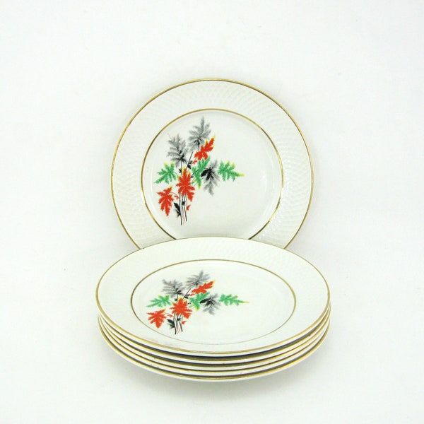 6 dinner plates in opaque porcelain - Naples foliage decor - Orchies Moulin des Loups Nord France - vintage 1950s