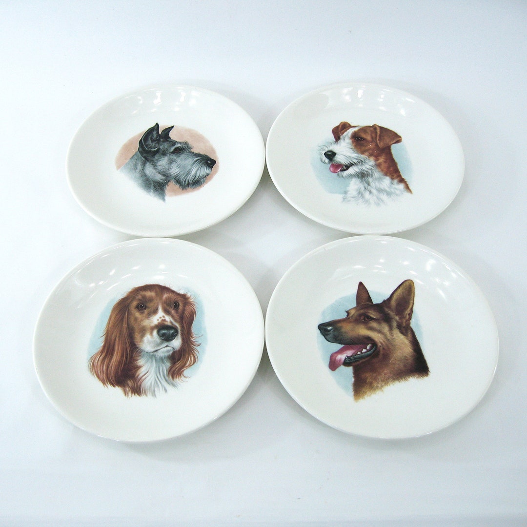 4 Beige Earthenware Dessert Plates - Decorated With Dog Portraits ...