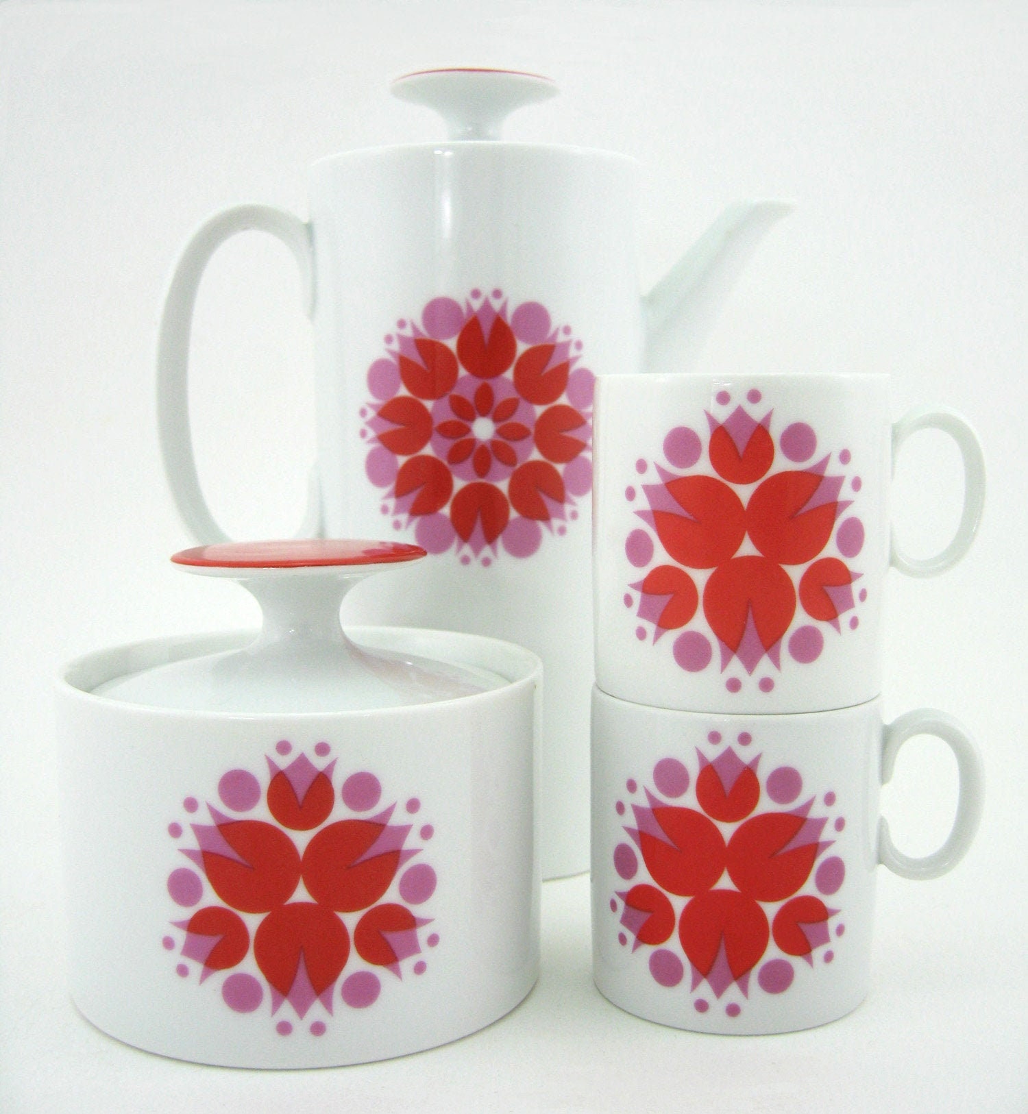 Service à Café en Porcelaine Blanche - Décor Floral Pinwheel Rose et Rouge Thomas Germany Rosenthal 