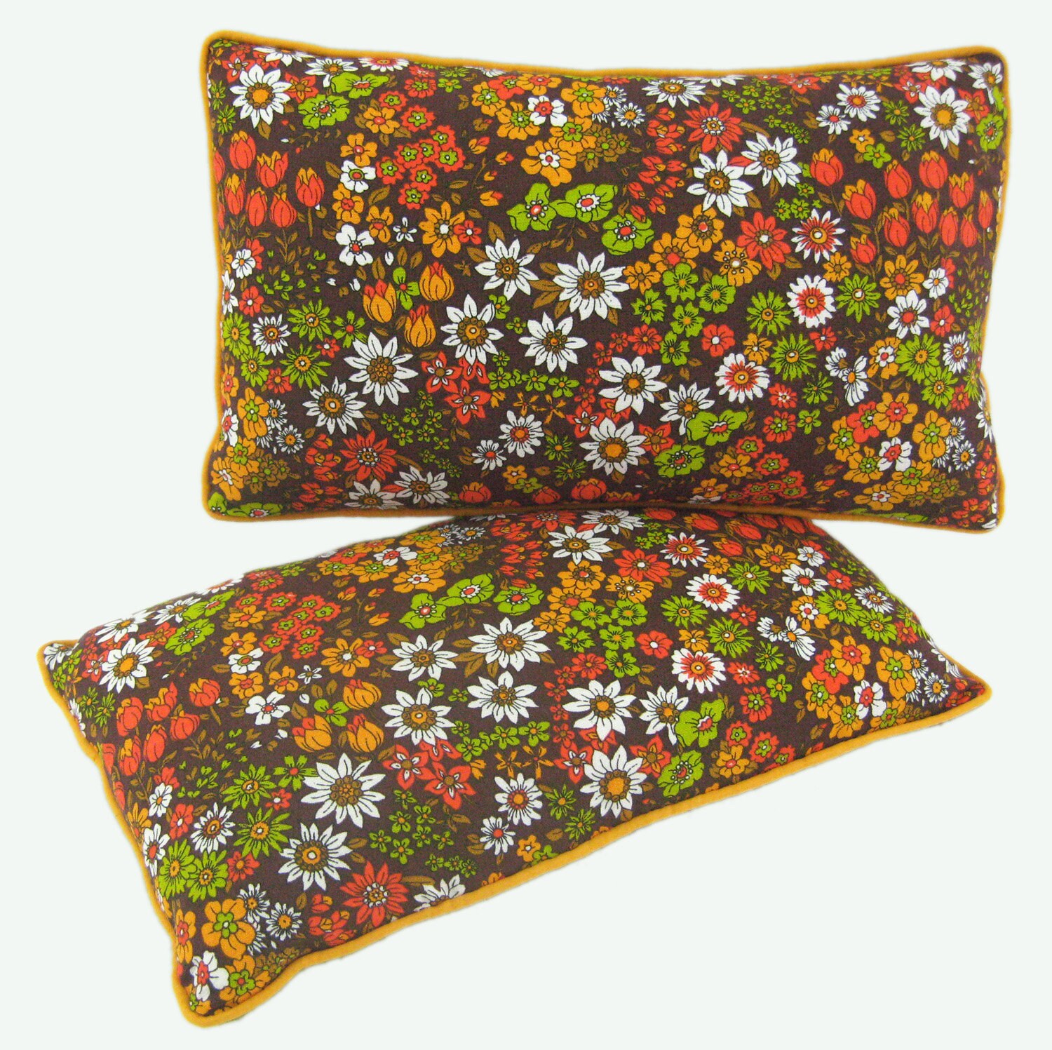 2 Coussins Rectangulaires Passepoilés en Toile de Coton - Motif Imprimé Petites Fleurs Vintage Année