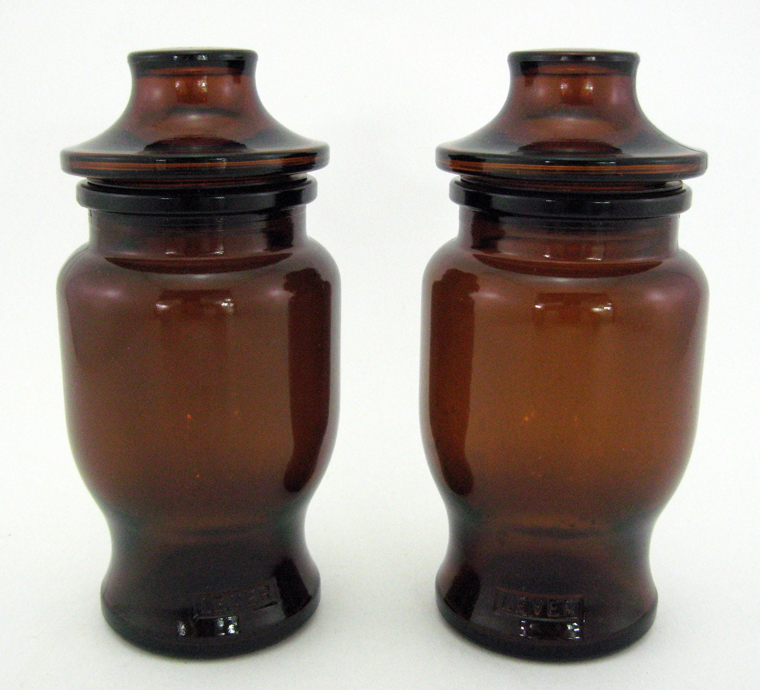 2 Bocaux en Verre Marron - Lever Made in Belgium Pots Style Apothicaire Vintage Années 70