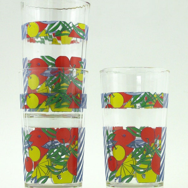 3 verres à limonade ou gobelets à eau en verre transparent - décor fruits jaunes et rouges et rayures bleues - vintage années 80