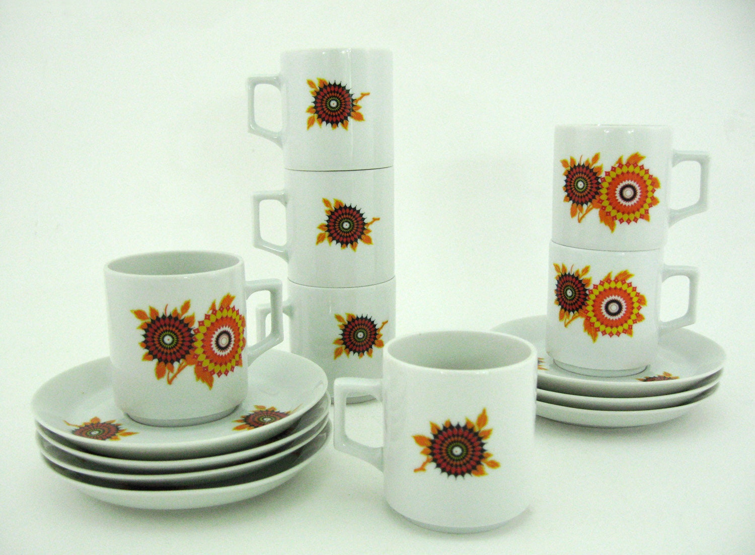 7 Tasses à Café en Porcelaine Blanche - Décor Floral Rosace Orange et Jaune Winterling Schwarzenbach