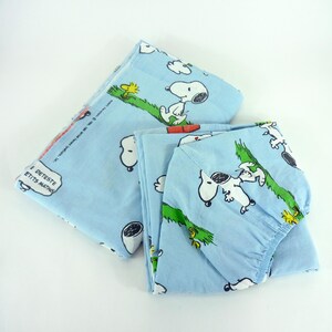 Set di lenzuola vintage anni '80 con Snoopy dei Peanuts in cotone azzurro cielo | Prodotto in Francia | Letto singolo