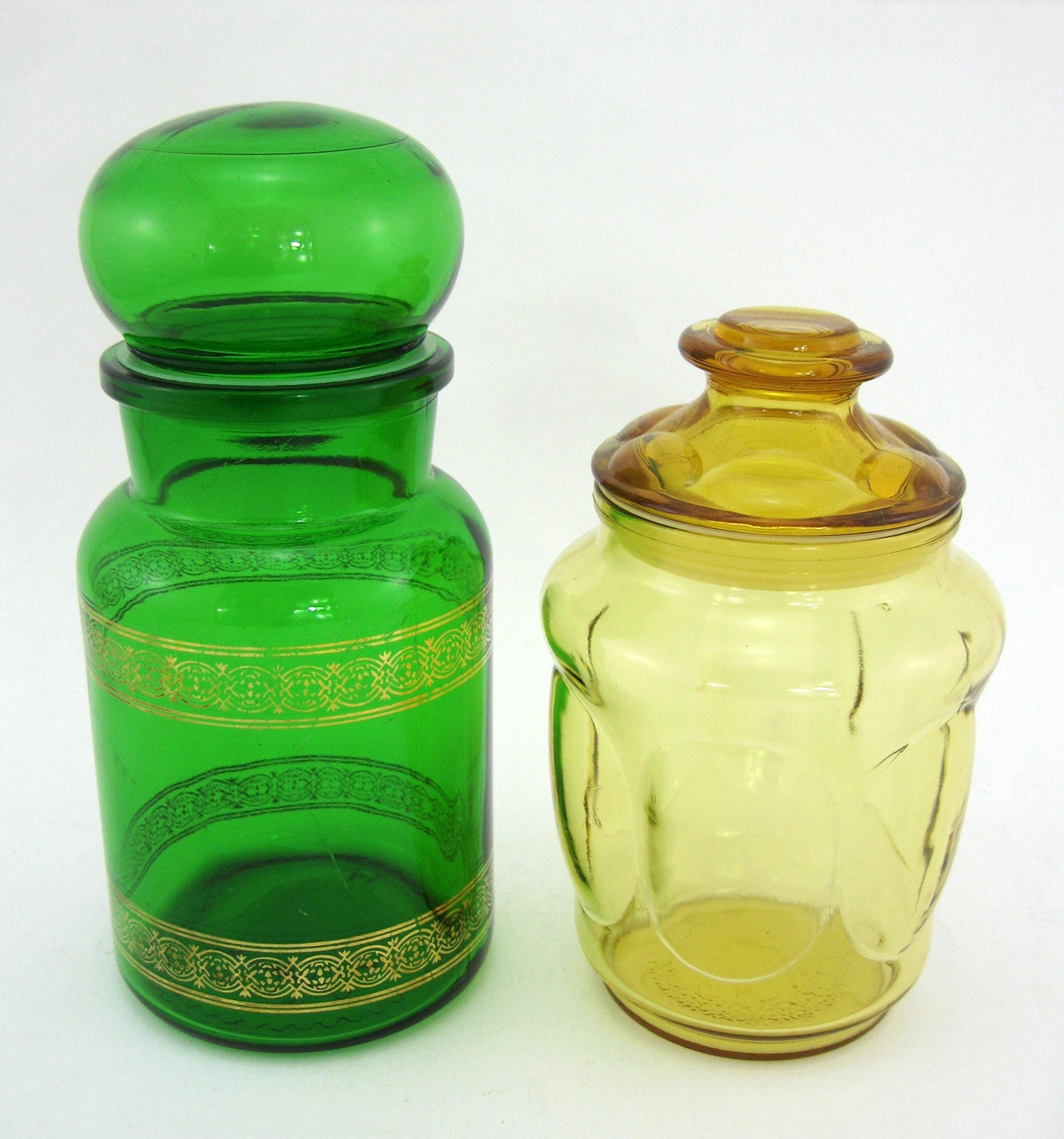 2 Bocaux en Verre Jaune Ambré et Vert - Pots Style Apothicaire Vintage Années 70