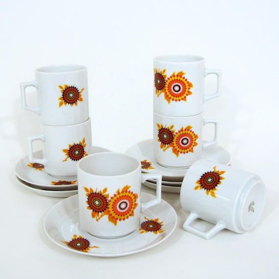 Service à Café Vintage Bavaria 7 Tasses + 6 Soucoupes - Motif Fleur Orange